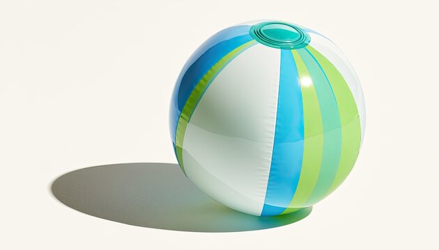 Inflatable beach ball with white, green, and blue stripes casts a shadow
