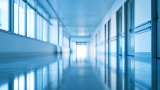 Empty, brightly lit modern institutional hallway with reflective floor and many doors
