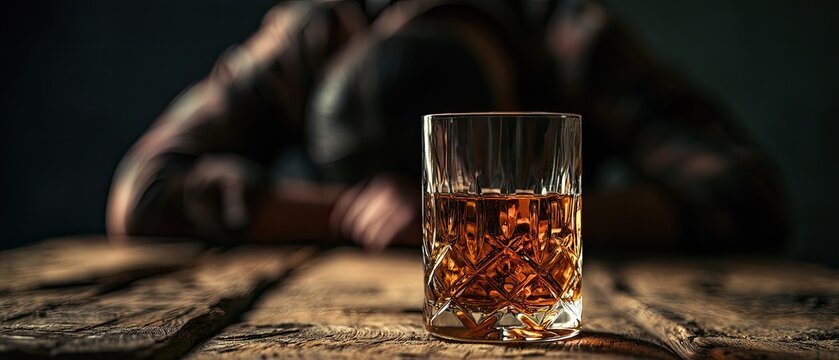 A glass of amber liquid sits on a wooden table, with a slumped figure in the background