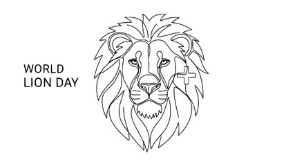 World Lion Day single line drawing illustration, majestic lion head with mane and cross symbol. © Wachidatun