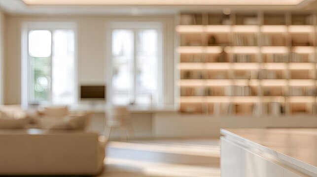 Softly lit, modern living space with extensive bookshelves