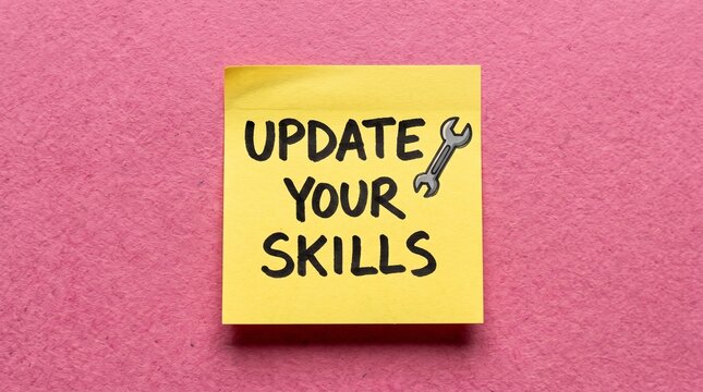 Update Your Skills message on yellow sticky note, professional development and career growth concept, handwritten text on adhesive paper over pink background
