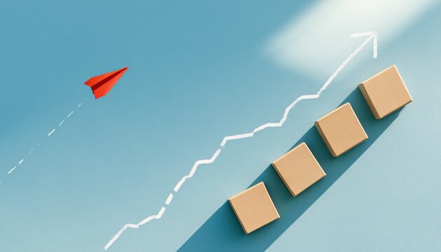 Red paper plane soars above ascending boxes and chart