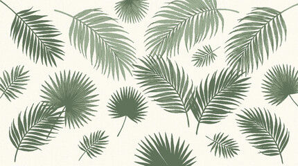 Fototapeta premium Minimalist tropical palm leaf pattern featuring scattered botanical foliage elements against creamy off white background with delicate scattered composition