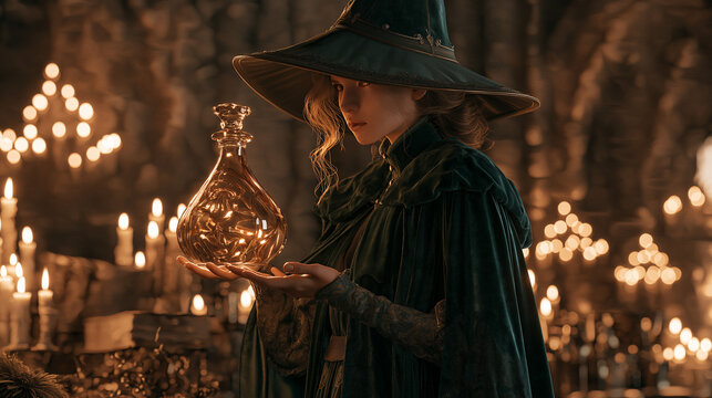 Witch inspecting glowing potion bottle in dark ancient chamber