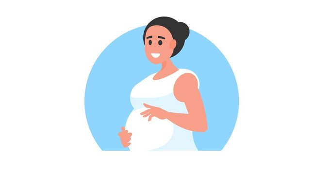 Animated flat illustration of a pregnant woman gently touching her belly, smiling with tenderness, maternity and motherhood concept