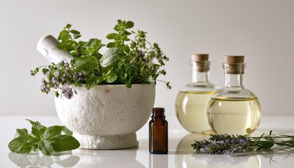 Fototapeta premium Herbs and oils in mortar with small bottles and lavender sprigs