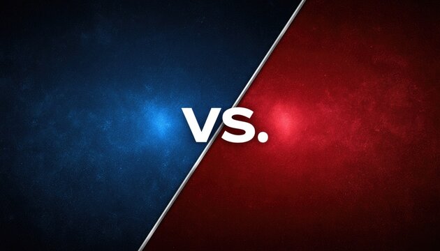 Stark red and blue backgrounds meet diagonally with glowing lights