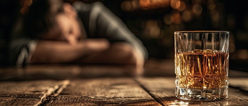 A glass of amber liquid sits on a wooden surface with a person asleep in the background