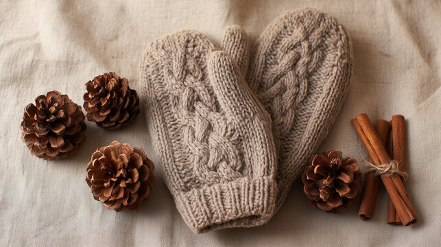 Warm wool mittens, pinecones and cinnamon sticks arranged on soft beige fabric, Scandinavian Christmas styling, cozy neutral palette