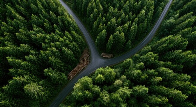 Aerial view of a forest road splitting into two paths among dense trees