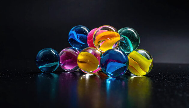 Vibrant glass marbles with colorful swirls arranged closely on a dark reflective surface, showcasing mesmerizing patterns and light play