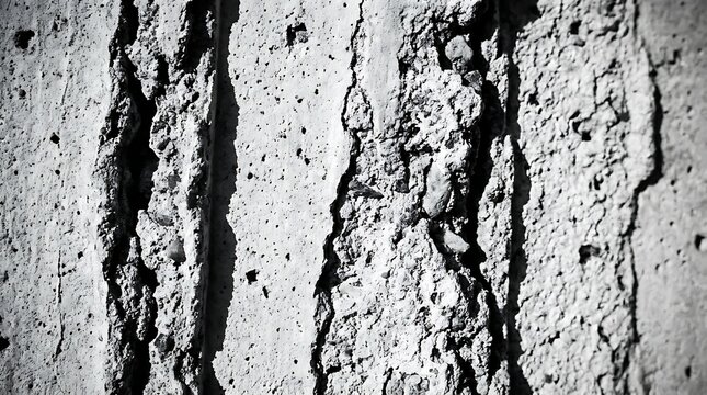 Closeup of a weathered concrete wall with deep vertical cracks and rough, textured surface showing exposed aggregate in black and white