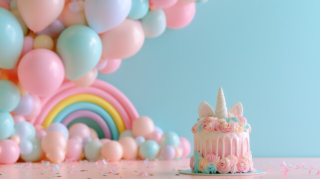 Magical unicorn birthday decorations with pastel balloons, rainbow and birthday cake arranged in one corner, dreamy copy space background