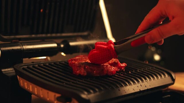Grilling a juicy steak on an electric grill with tongs for perfect searing