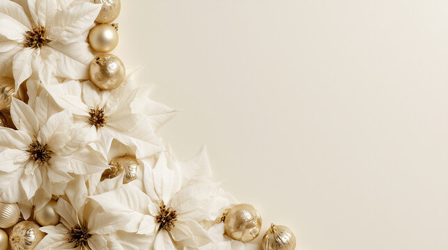 White poinsettia flowers and gold baubles framing only the lower corner of an ivory background, premium Christmas invitation design