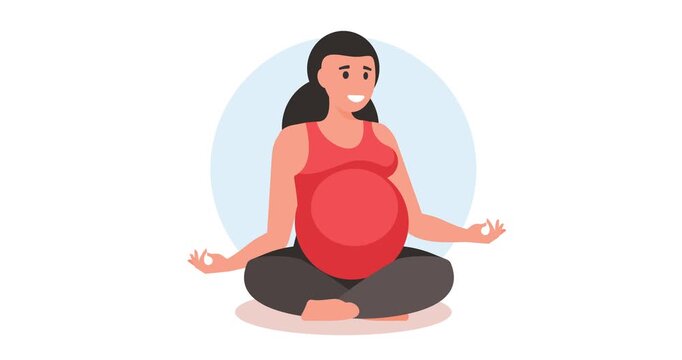 Animated flat illustration of a pregnant woman meditating in lotus pose with mudra hands, calm and peaceful prenatal wellness scene
