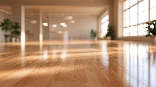 Sunlit empty studio with polished wooden floor and large windows