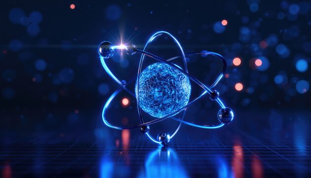 Atomic structure with orbiting electrons, glowing blue