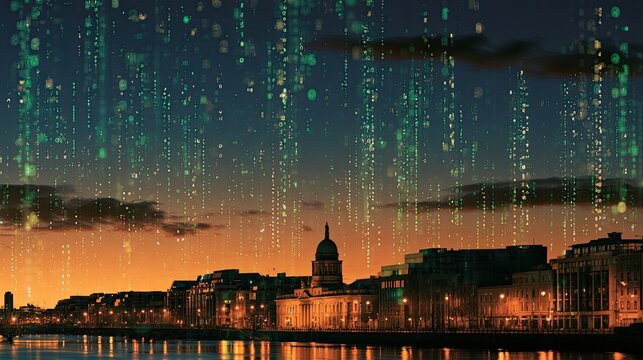 Cityscape at sunset with falling digital data streams and illuminated buildings