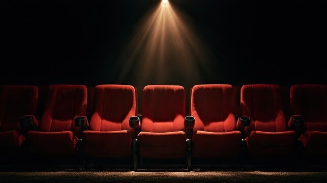Row of empty red theater seats bathed in a single spotlight