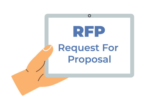 hand holding a tablet displaying RFP Request For Proposal document, concept of business proposals, procurement, bidding process, digital documents - vector illustration