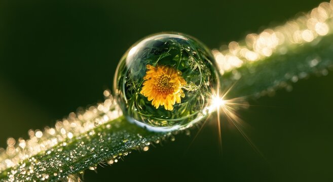 Tiny yellow flower reflected in a dewdrop on a blade of grass