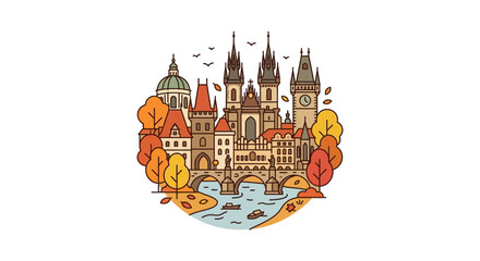 Obraz premium Charming Medieval Cityscape with Bridge and Autumn Trees