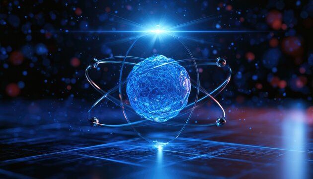 A glowing atomic structure with orbiting electrons against a dark, abstract background