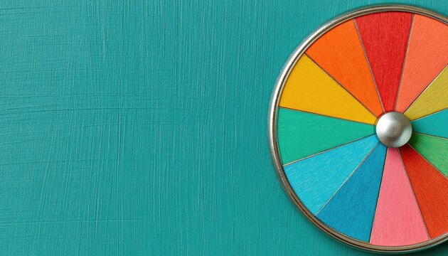A colorful spinning wheel with bright segments rests on a textured turquoise surface