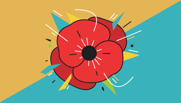 Beautiful red poppy flower is presented on a split background with abstract sharp geometric elements around it.