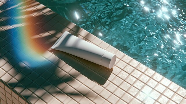 White squeeze tube rests on tiled pool edge with sunlit water and lens flare