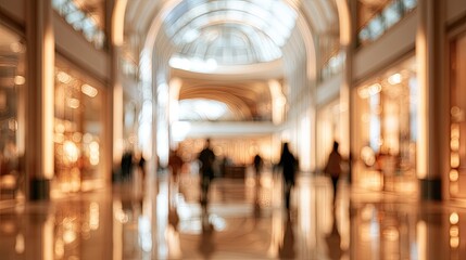 Fototapeta premium Warmly lit, wide interior hall with blurred figures walking