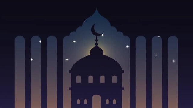Crescent lit mosque silhouette under starry twilight sky animation.