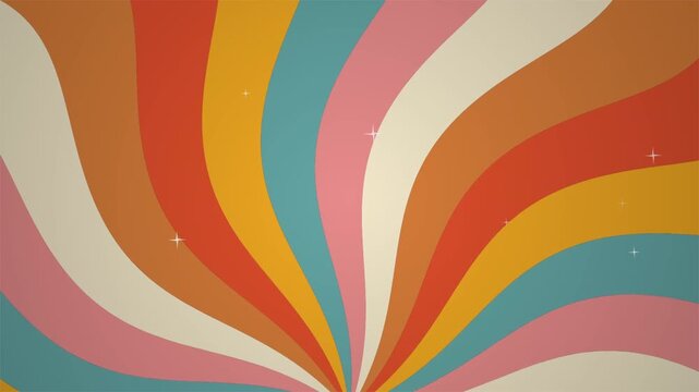 Retro 70s Groovy Sunburst Background with Wavy Colorful Rays and Sparkles Animation