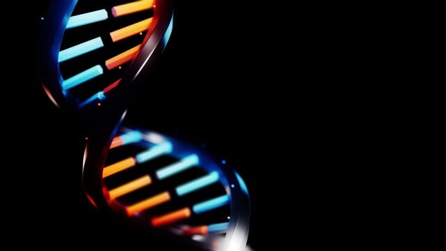 Abstract glowing red and blue glass DNA double helix rotating in dark space in a precise geometric composition. Mysterious futuristic genome science animation with depth of field. 4K UHD.