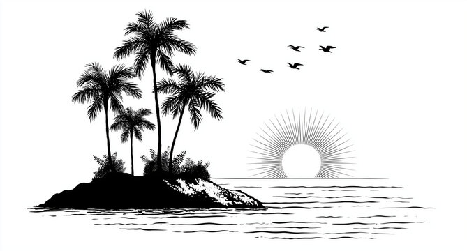 Tropical island with palm trees and birds at ocean sunrise