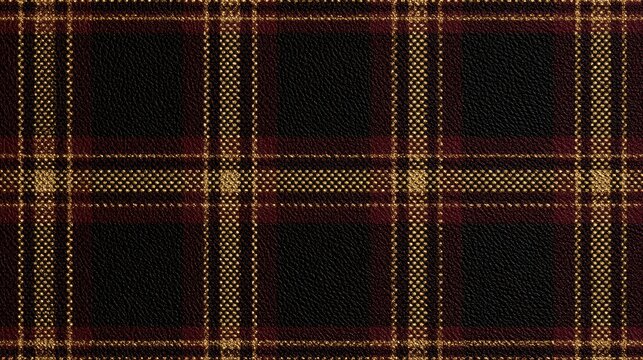 Classic dark tartan textile with red and gold plaid woven pattern