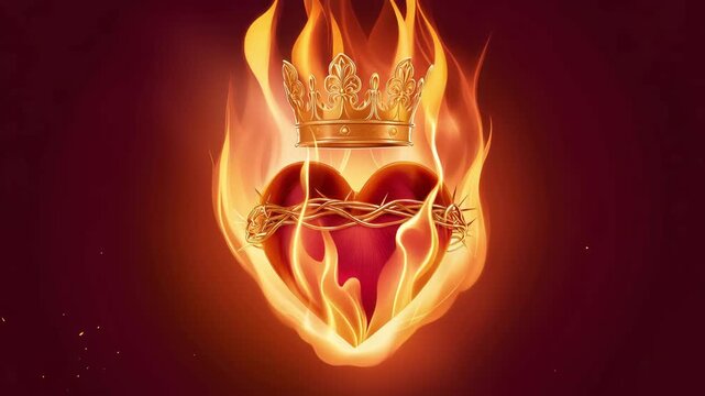 Sacred Heart engulfed in radiant flames, Christian represents divine love, sacrifice, faith, redemption