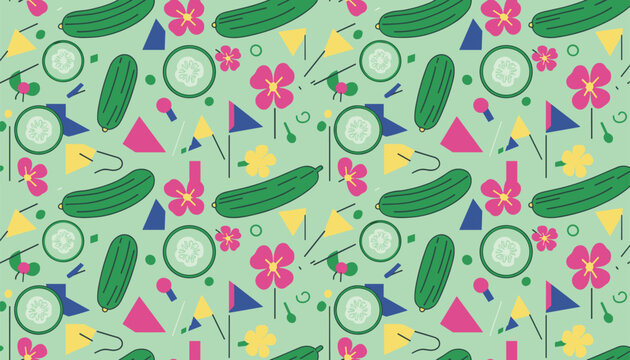 Vibrant seamless pattern featuring green cucumbers, sliced cucumber rounds, pink flowers, and colorful triangles on a light green background.