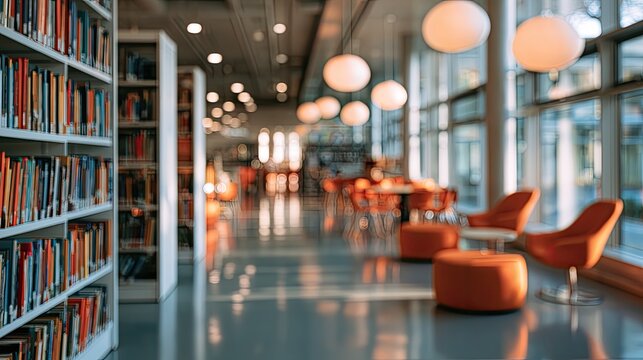 Bright library aisle with bookshelves, comfortable seating, and large windows