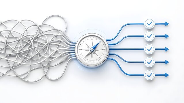 Tangled white cables passing through metallic navigation compass becoming neat straight blue checkmark lines