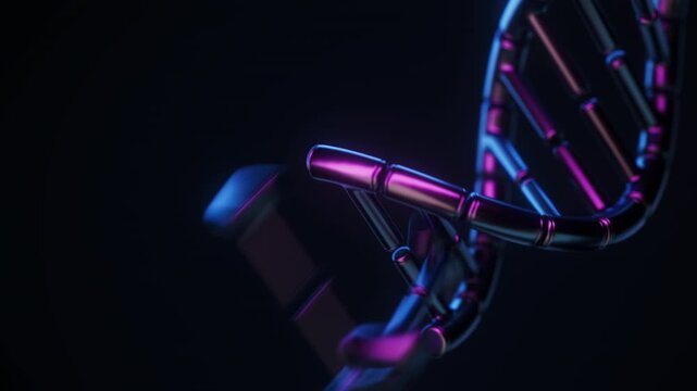 Abstract futuristic DNA double helix assembling from separate neon fragments on black in a dynamic centered close-up. Mysterious genome formation and genetics science animation. 4K UHD.