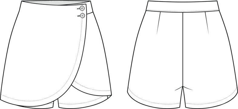 Fashion flat sketch technical drawing of women wrap skort shorts with side button closure details