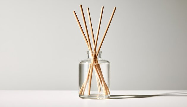 A clear glass bottle with reed diffuser sticks on a plain backdrop