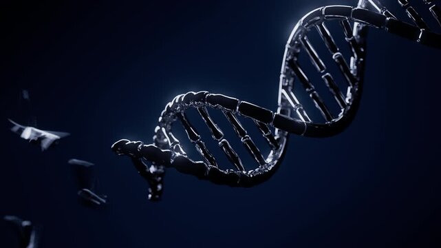 Abstract glass DNA double helix forming from flying fragments in dark space in a dynamic centered close-up. Mysterious futuristic genome dispersion and genetics science animation. 4K UHD.