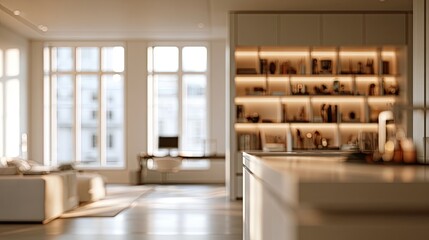 Fototapeta premium Softly lit modern living space with a large window, desk, and illuminated shelves
