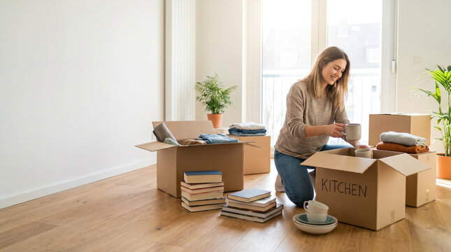 Woman unpacking boxes and organizing kitchen items in new home  