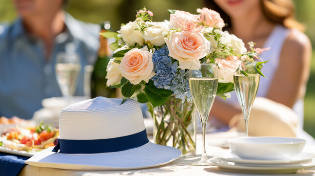 Elegant Outdoor Luncheon Setup Featuring A Floral Bouquet And White Fedora Hat Celebrating The Spring Racing Carnival Atmosphere