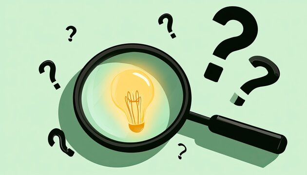 Magnifying glass examines a glowing idea bulb surrounded by question marks